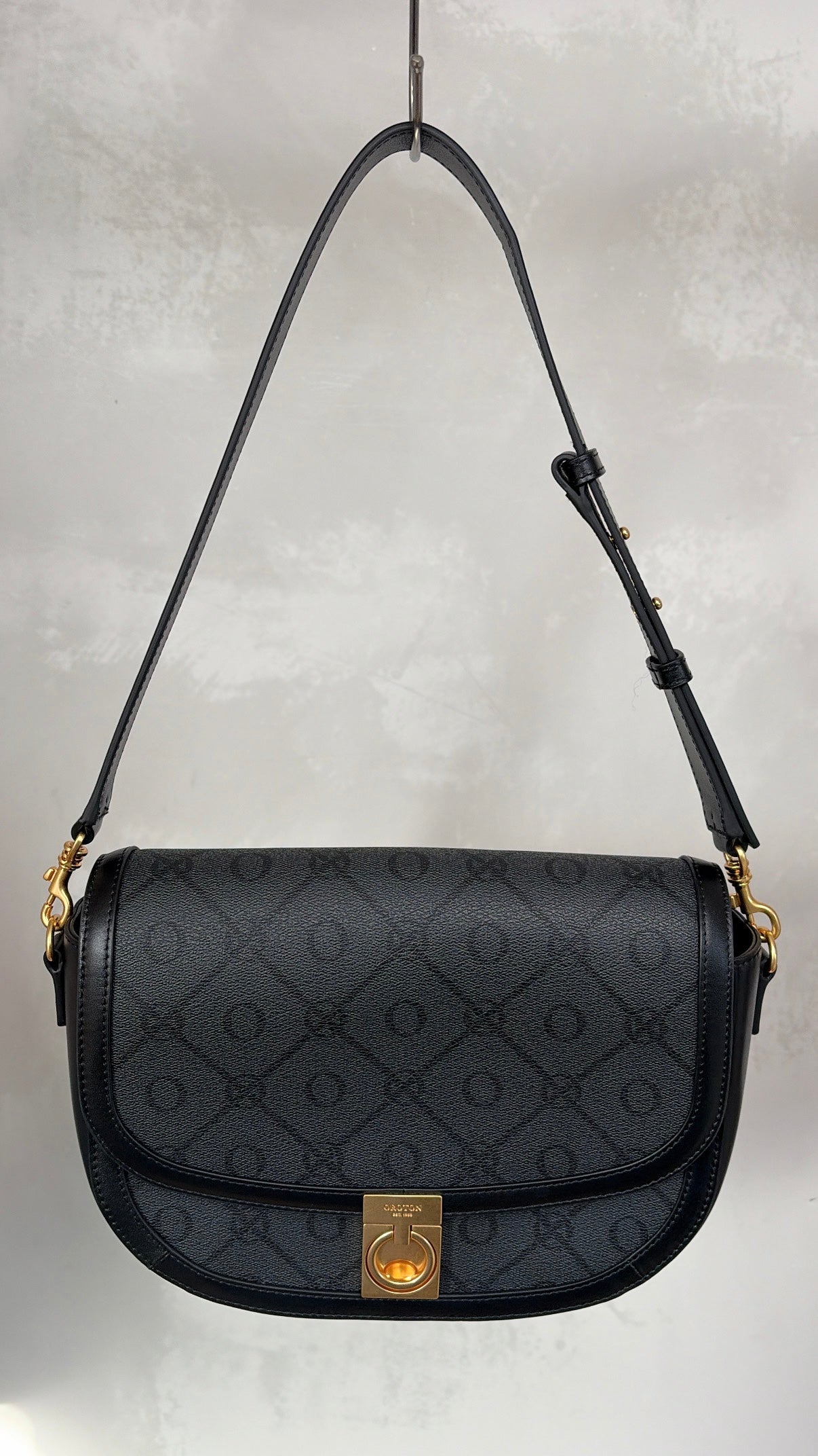 Oroton Black and Charcoal Monogram half Moon Flap Bag