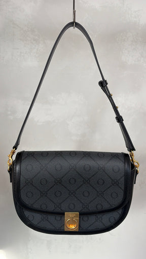 Oroton Black and Charcoal Monogram half Moon Flap Bag
