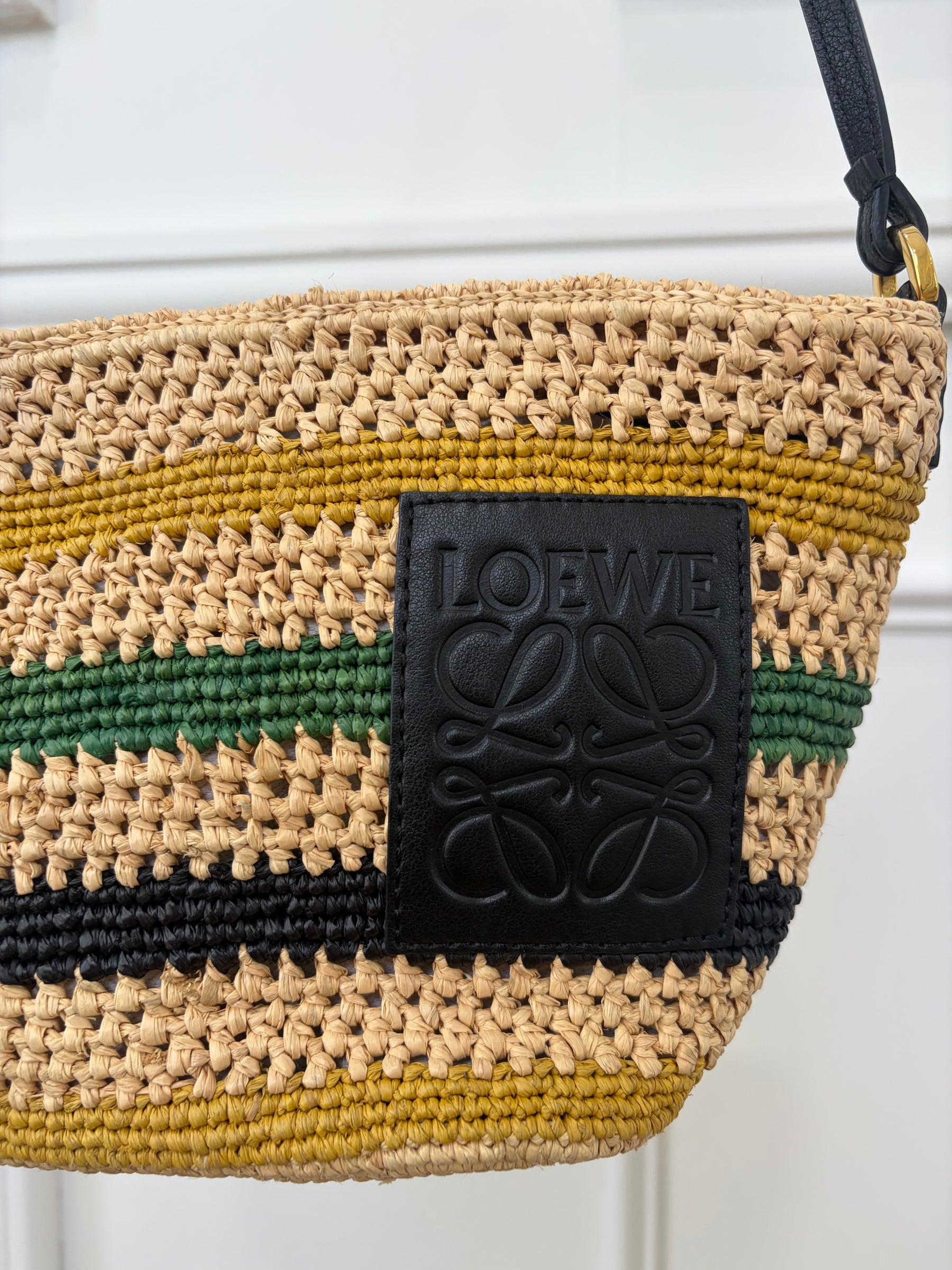 Loewe Natural Green Yellow and Black Leather Raffia Crossbody Pouch