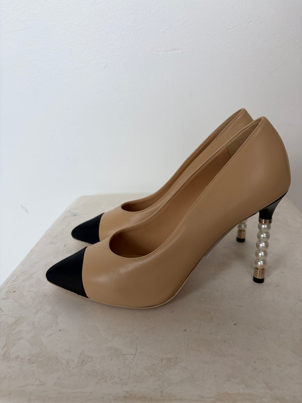 Chanel Beige and Black Pearl Heel Pump, 39 C