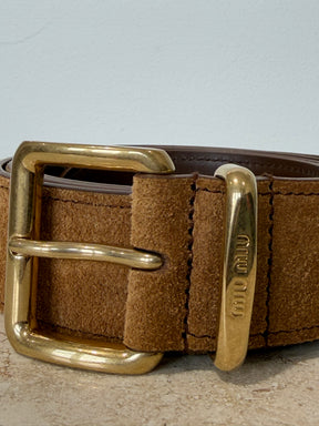 Miu Miu Camel Suede Belt Gold Buckle, 34/85