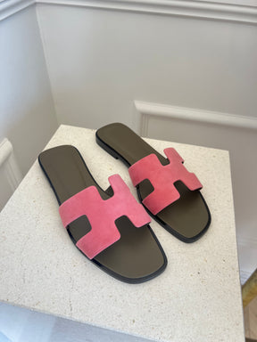 Hermès Pink Suede and Khaki Oran Sandals, 37.5
