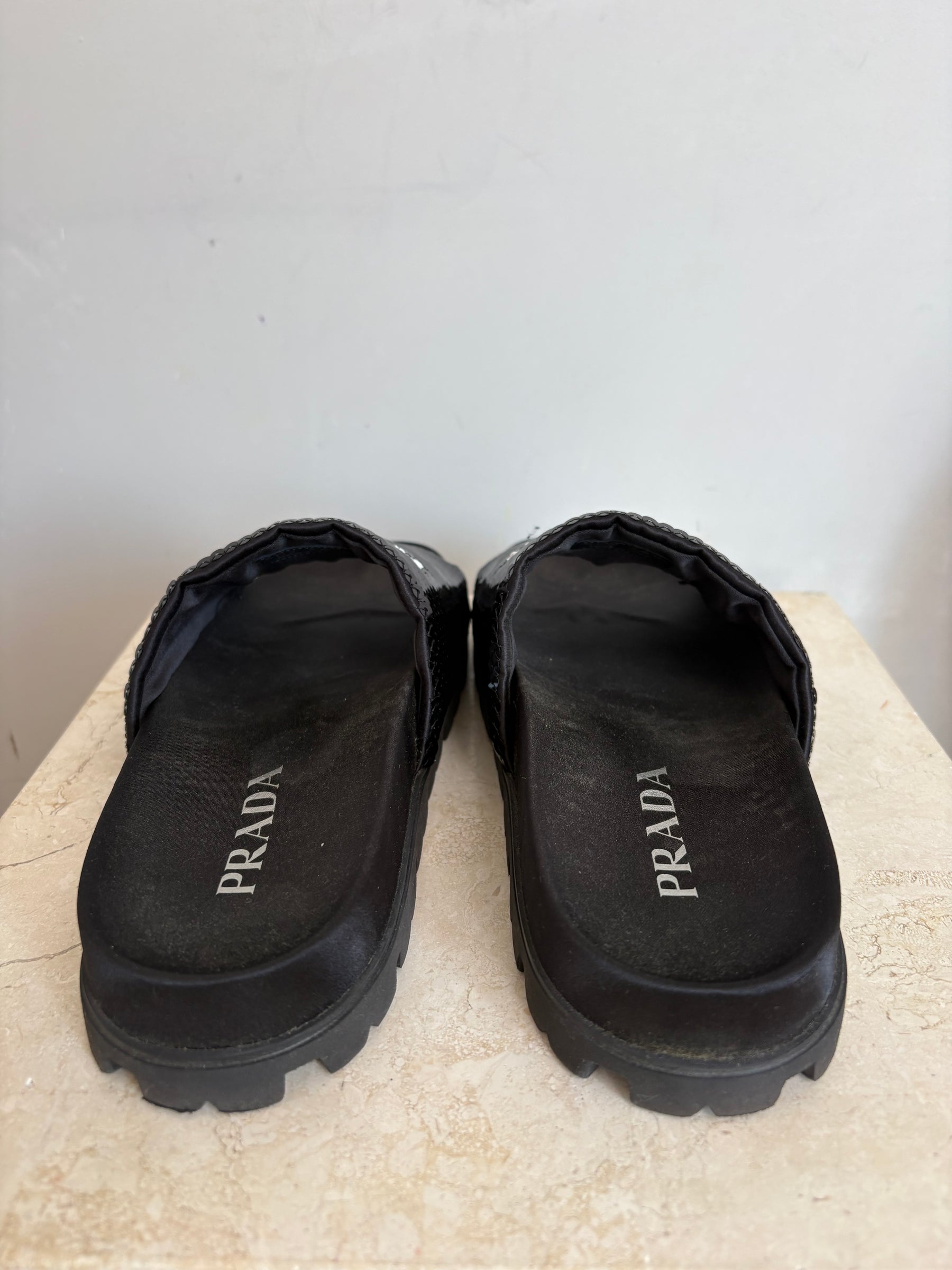 Prada Black Sequiin Logo Slides, 36.5