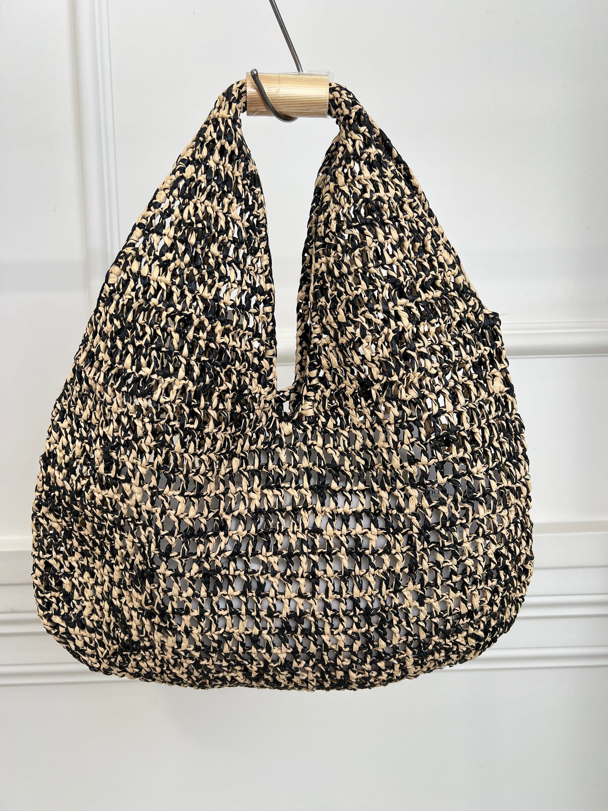 Camilla and Marc Black and Beige Raffia Top Handle Bag