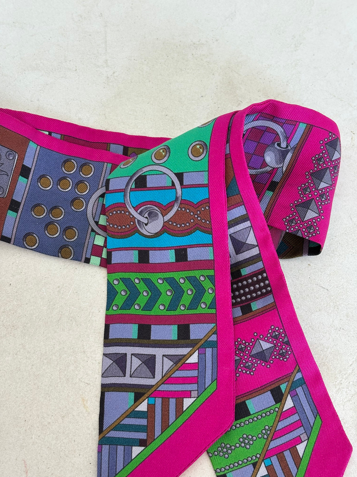 Hermès Pink and Green Printed Silk Twilly