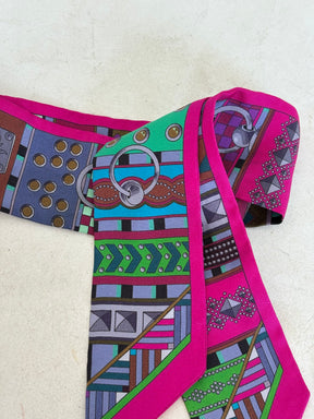 Hermès Pink and Green Printed Silk Twilly