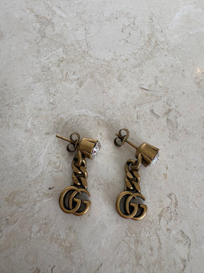 Gucci Brass Crystal logo Drop Stud Earrings