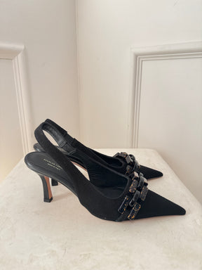 Scanlan Theodore Black Fabric Chain Detail Slingback Pump, 38