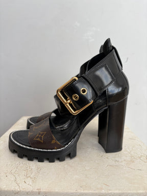 Louis Vuitton Black Leather and Canvas Monogram Chunky Strappy Heel, 36.5