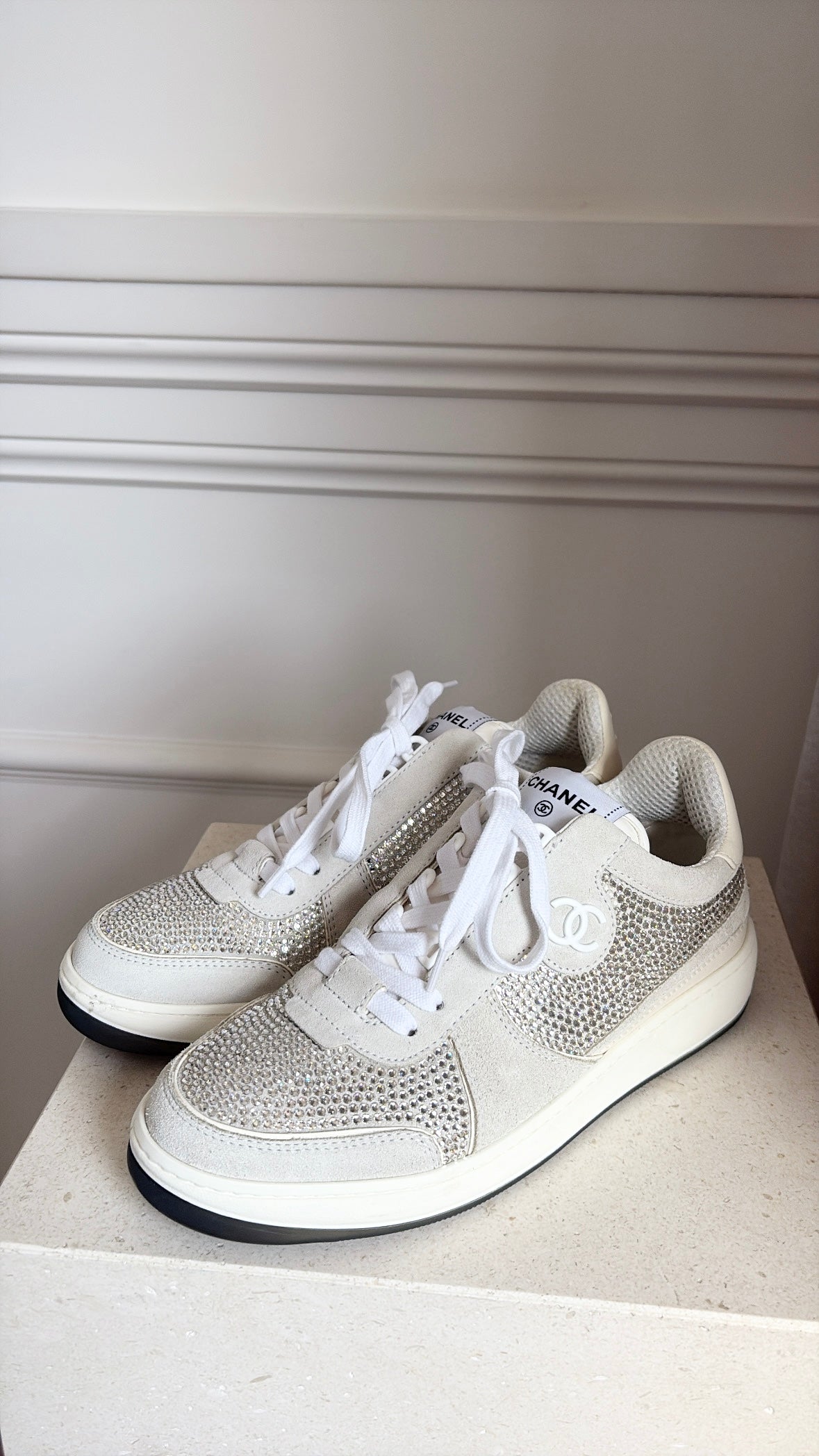 Chanel White and Grey Leather Suede Crystal Sneakers, 38.5