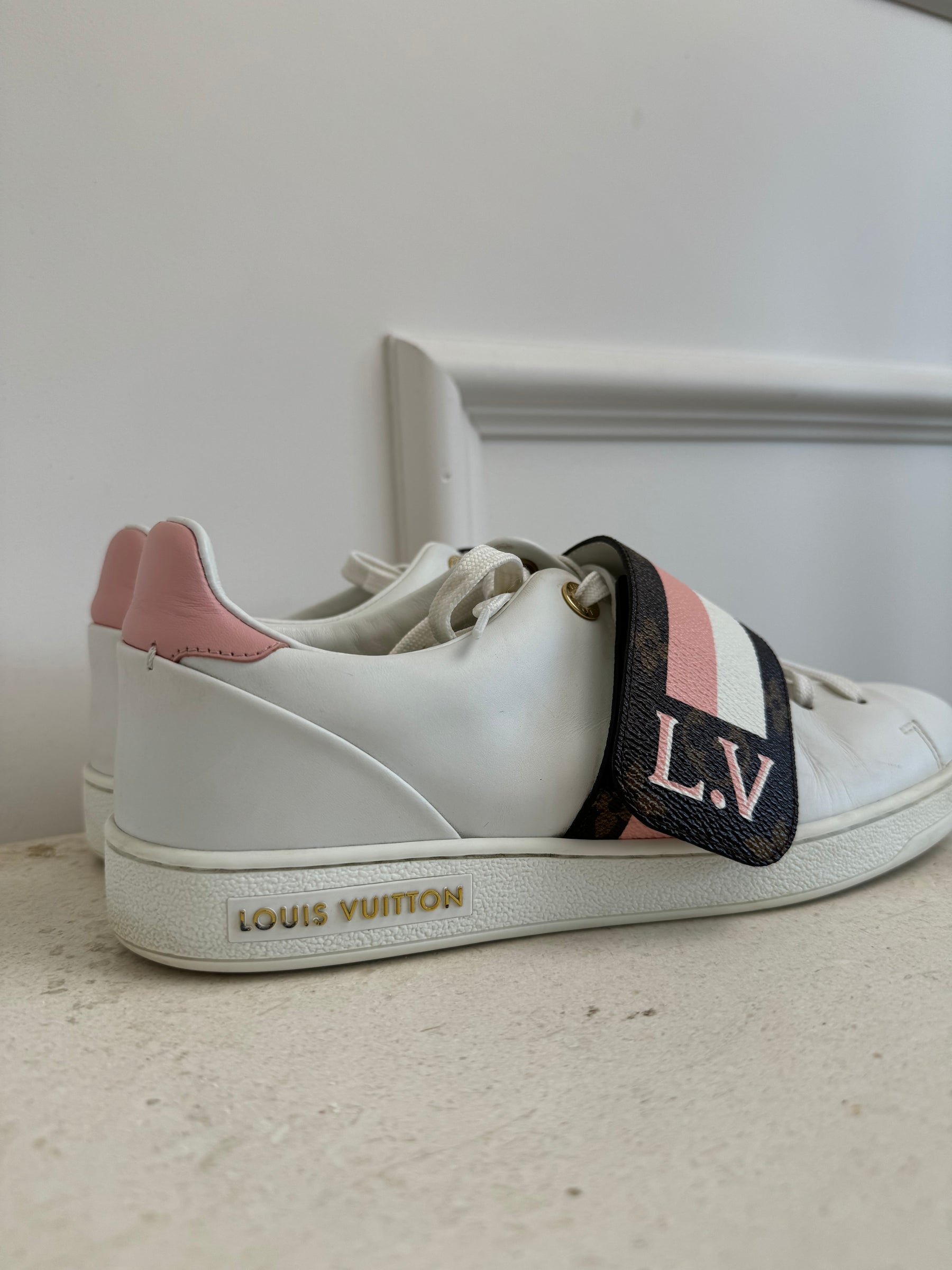 Louis Vuitton White Leather Monogram Strap Sneaker, 37