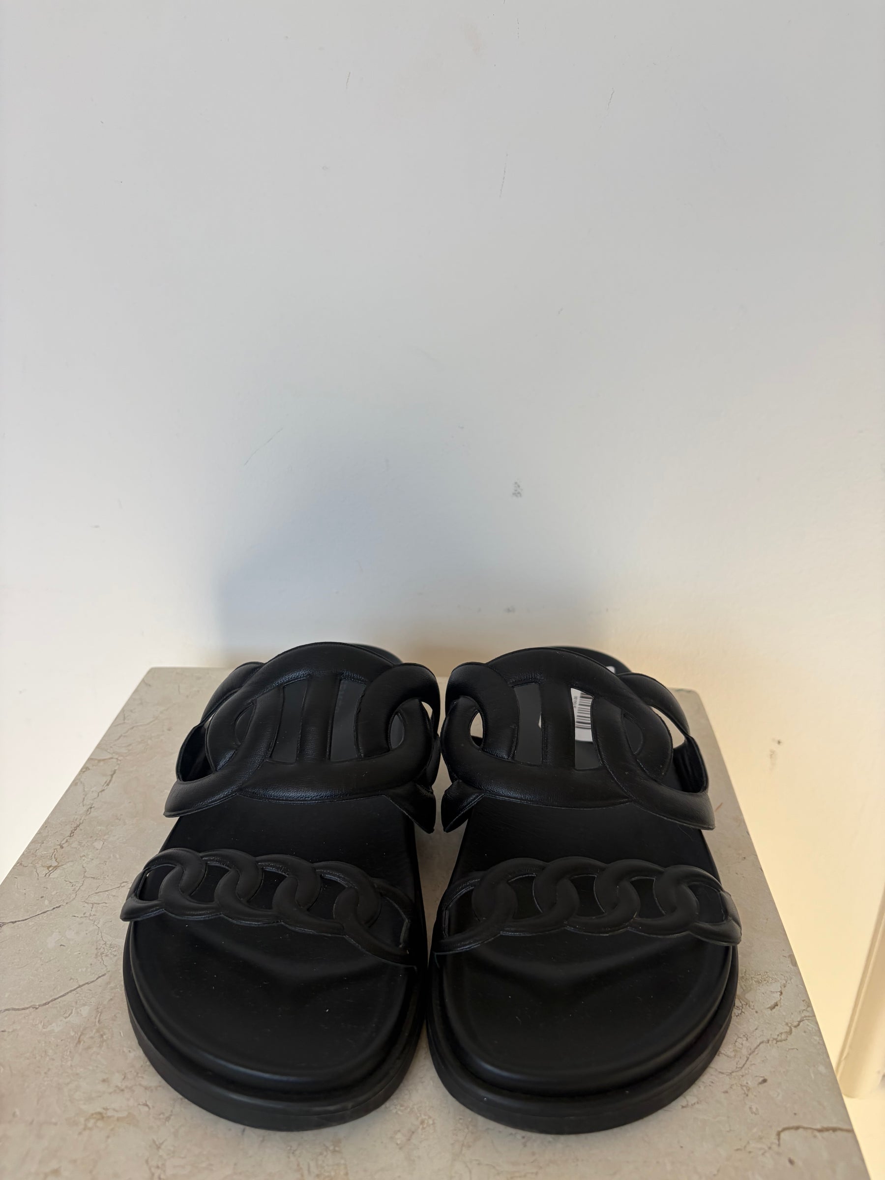 Hermès Black Leather Extra Slides, 38
