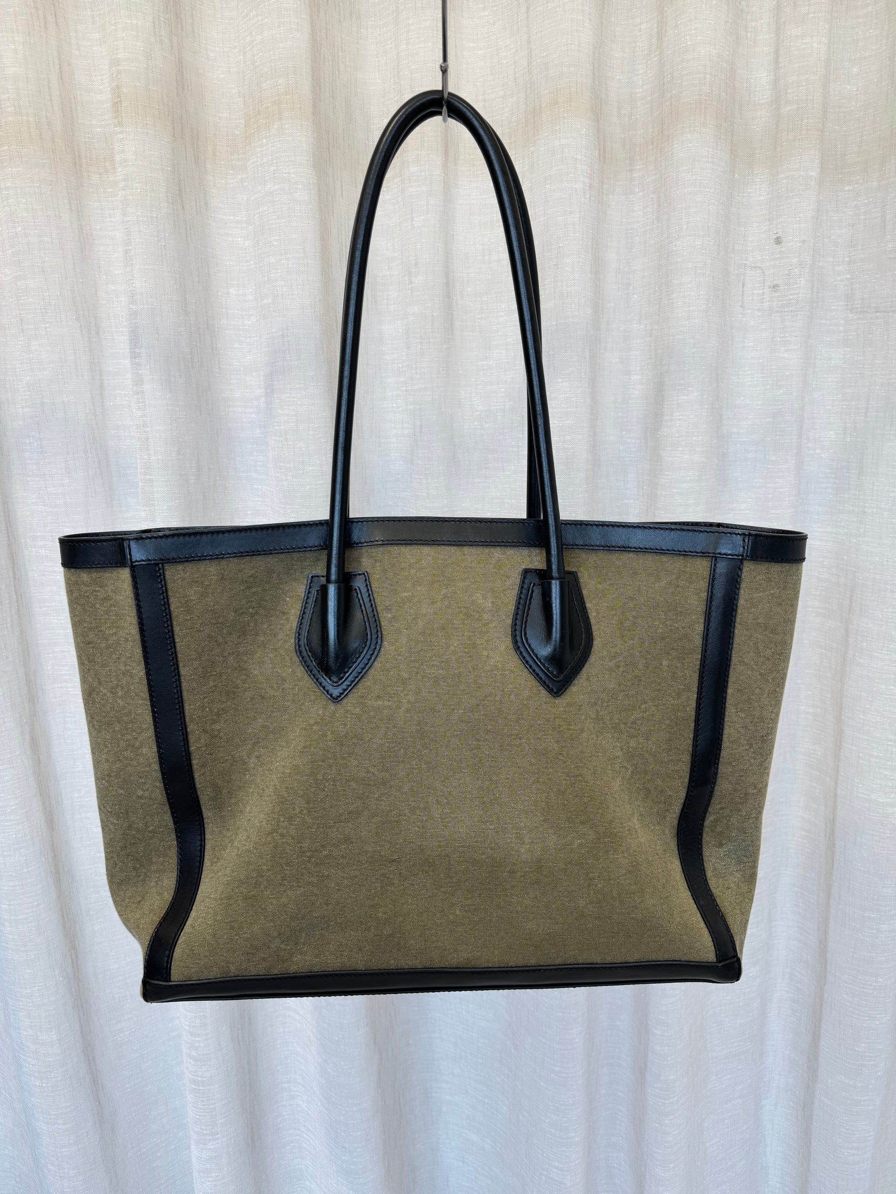 Balmain Khaki Canvas and Black Leather Logo Tote