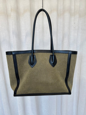 Balmain Khaki Canvas and Black Leather Logo Tote