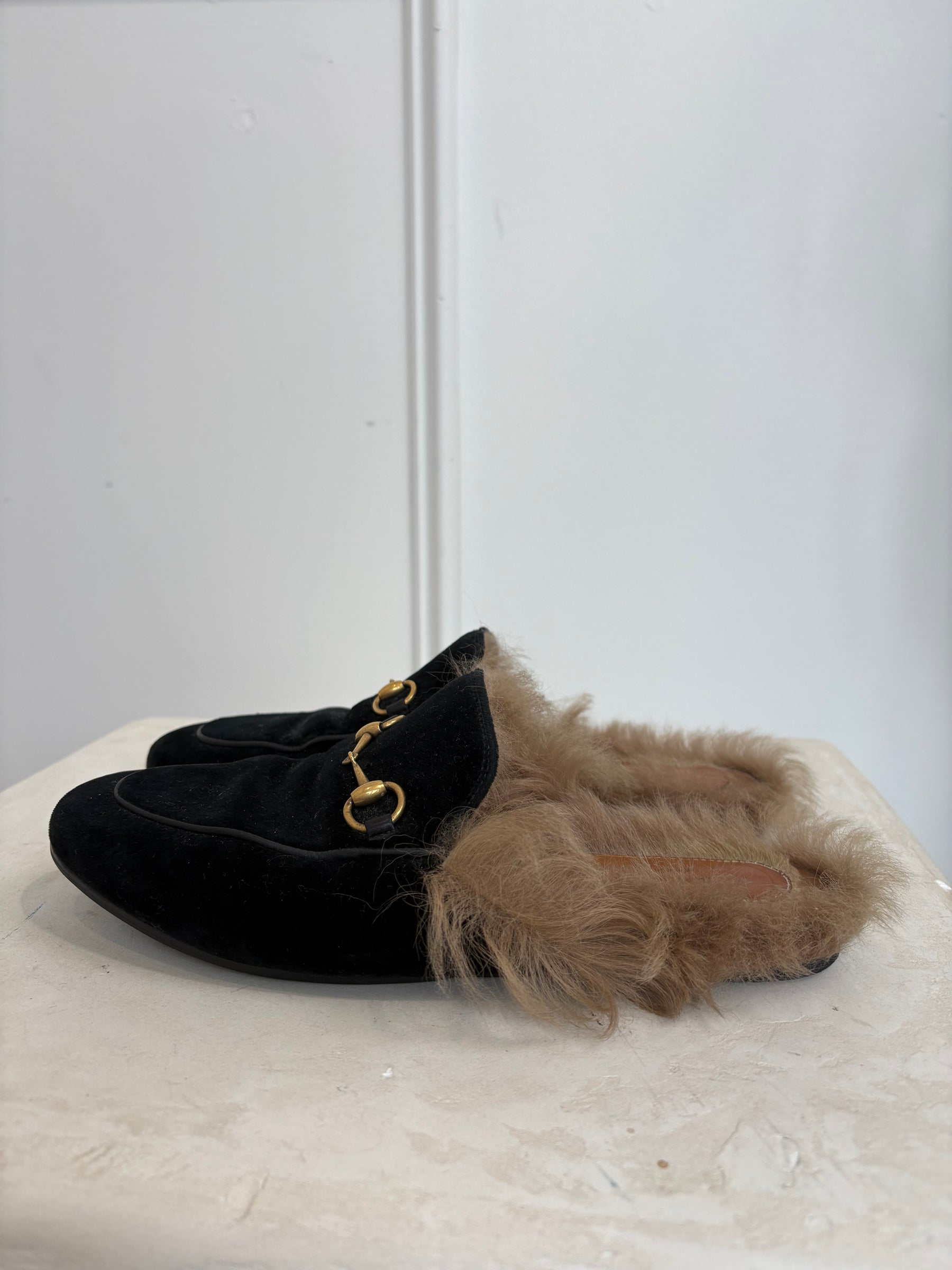 Gucci Black Velvet Shearling Mules, 38