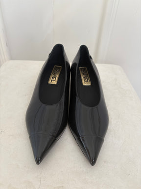 Chanel Black Patent Pointed Pumps, 37 C