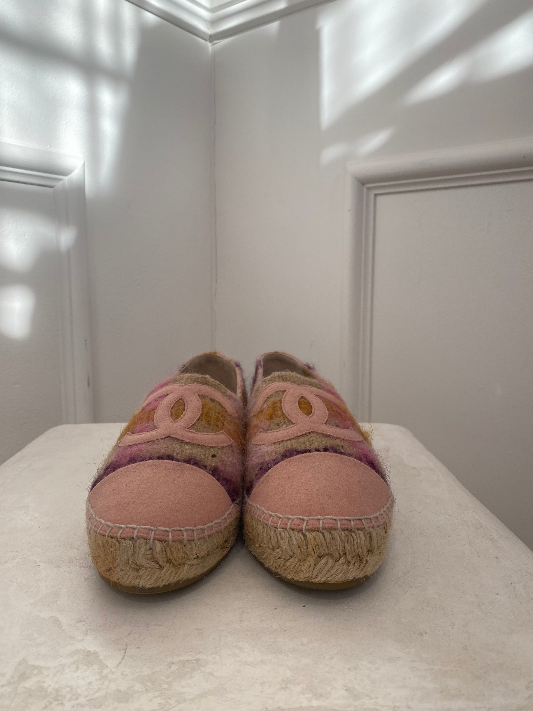 Chanel Beige and Pink Check Wool Logo Espadrille, 41