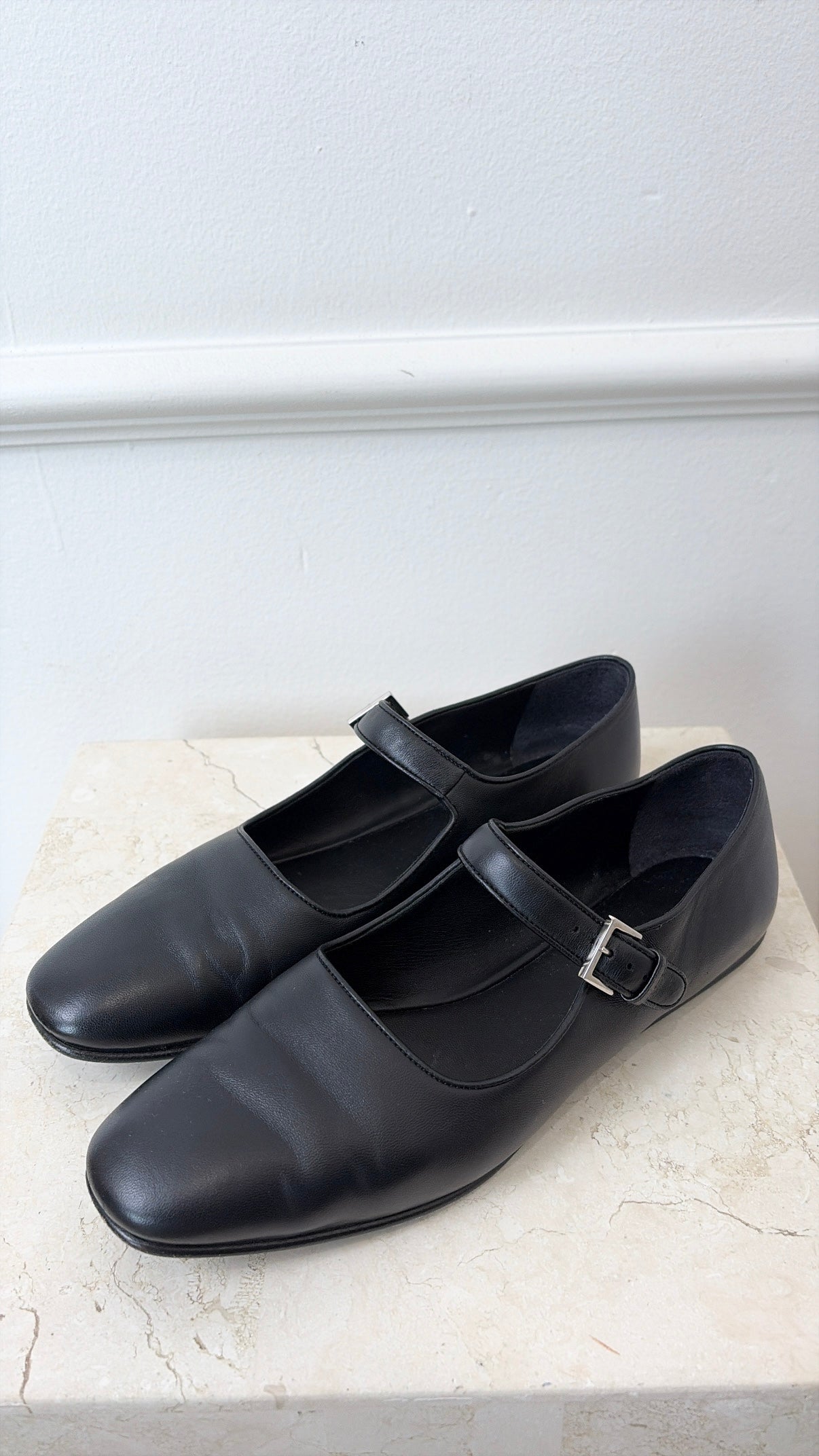The Row Black Leather Mary Jane Flats, 37.5