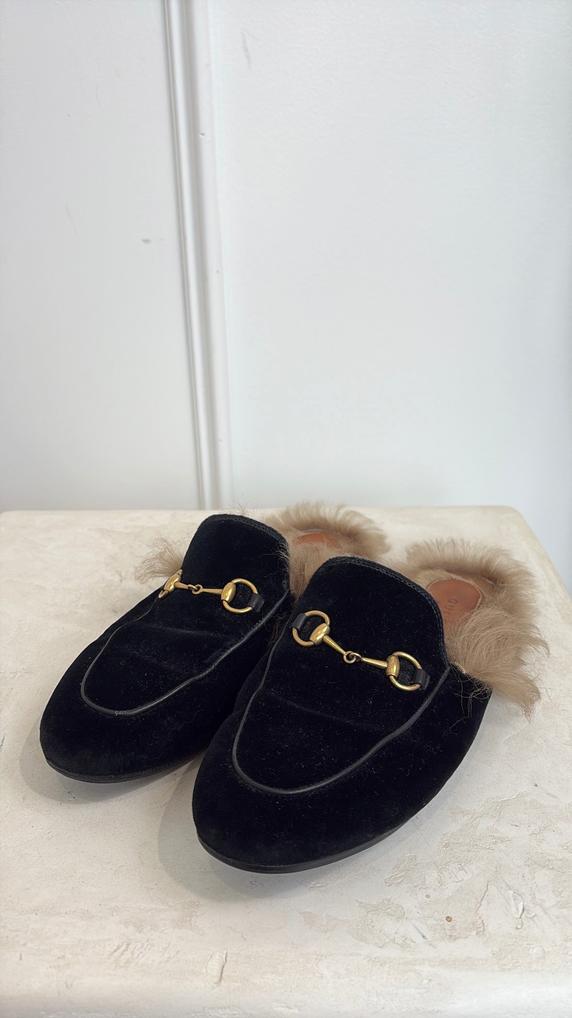 Gucci Black Velvet Shearling Mules, 38