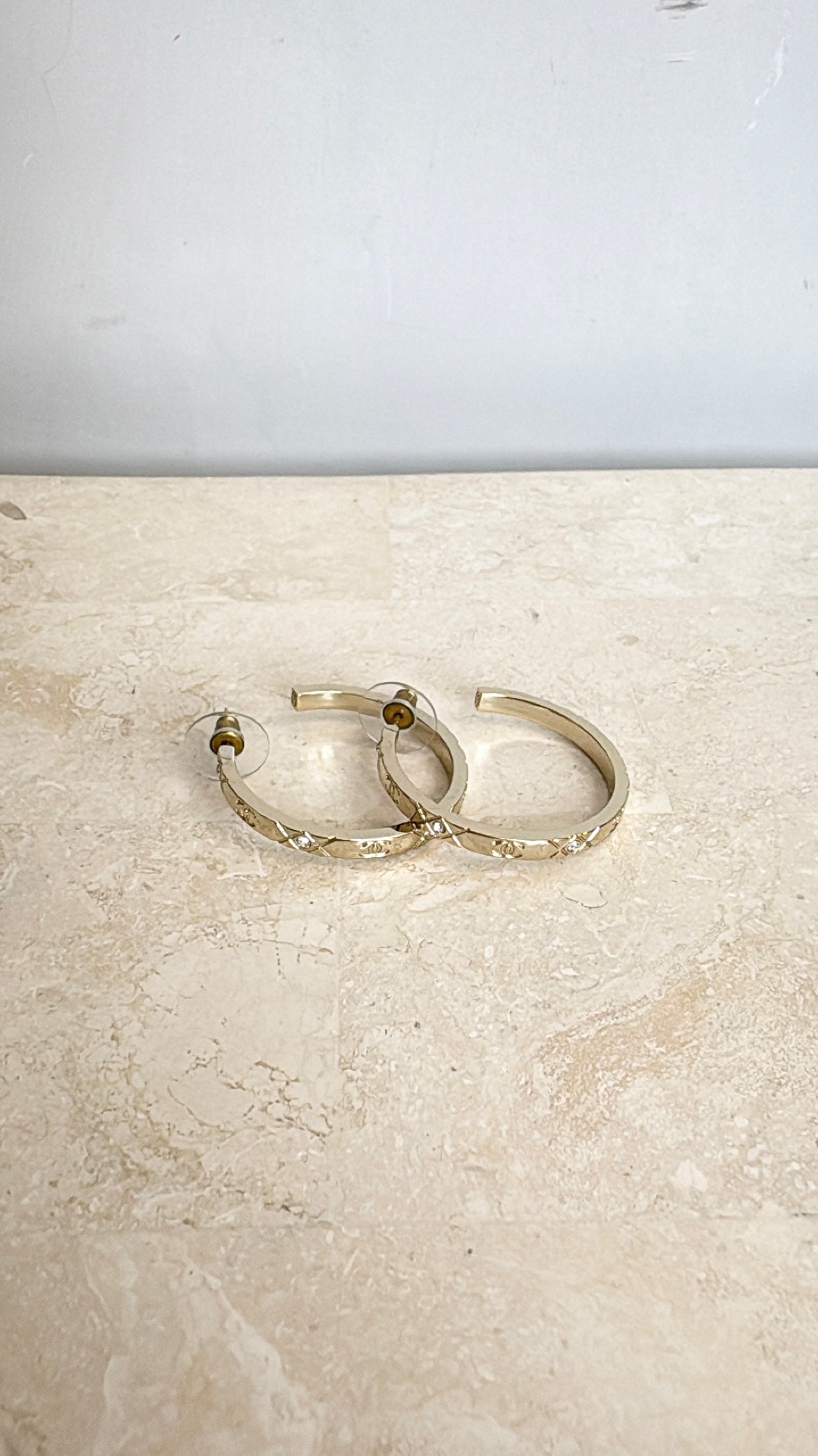 Chanel Gold Tone Crystal Logo Hoop Earrings