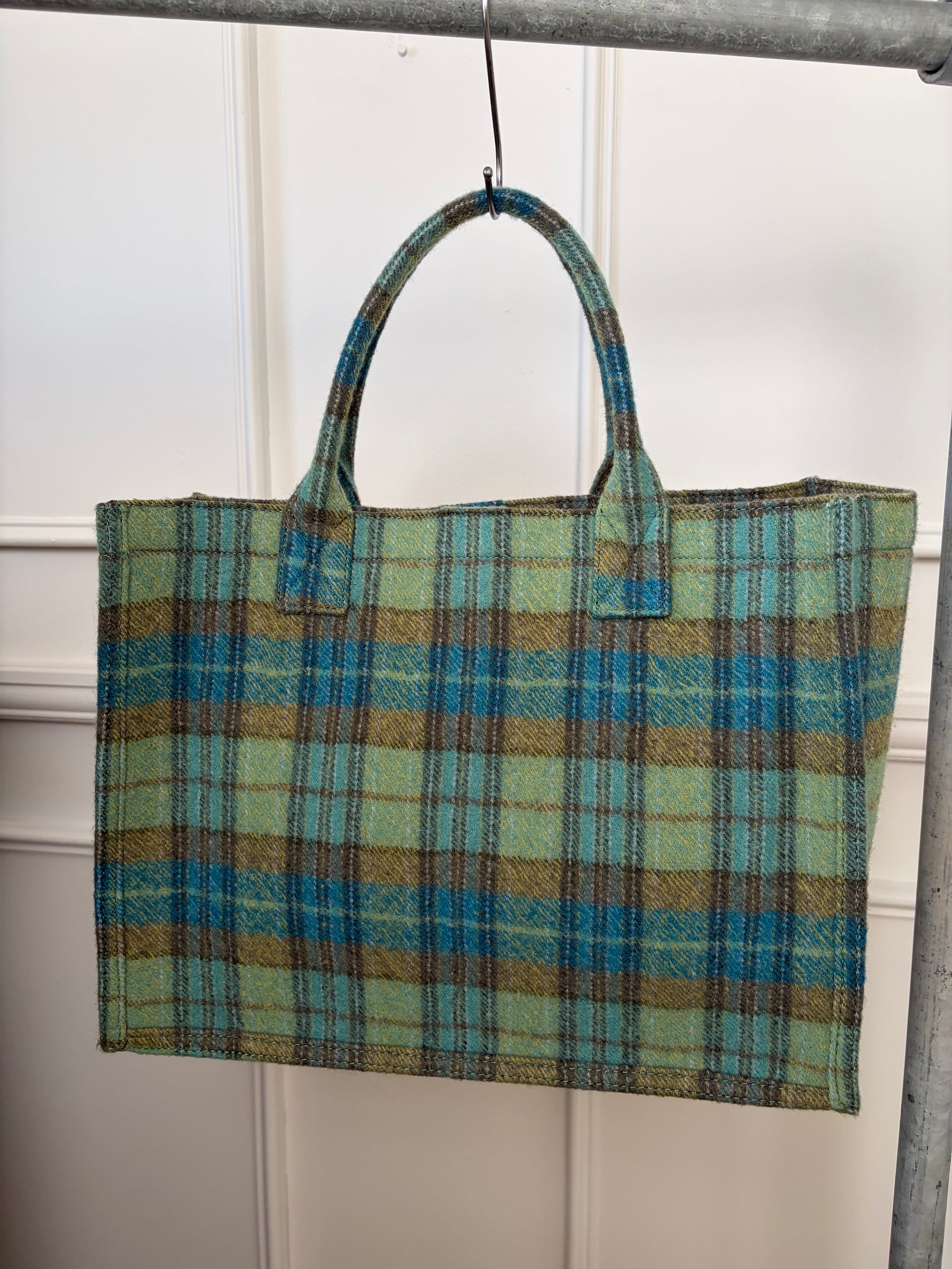 Sandro Blue and Green Plaid Tote Bag