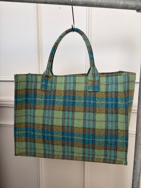 Sandro Blue and Green Plaid Tote Bag