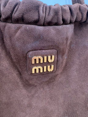 Miu Miu Suede Drawstring Bag In Chocolate