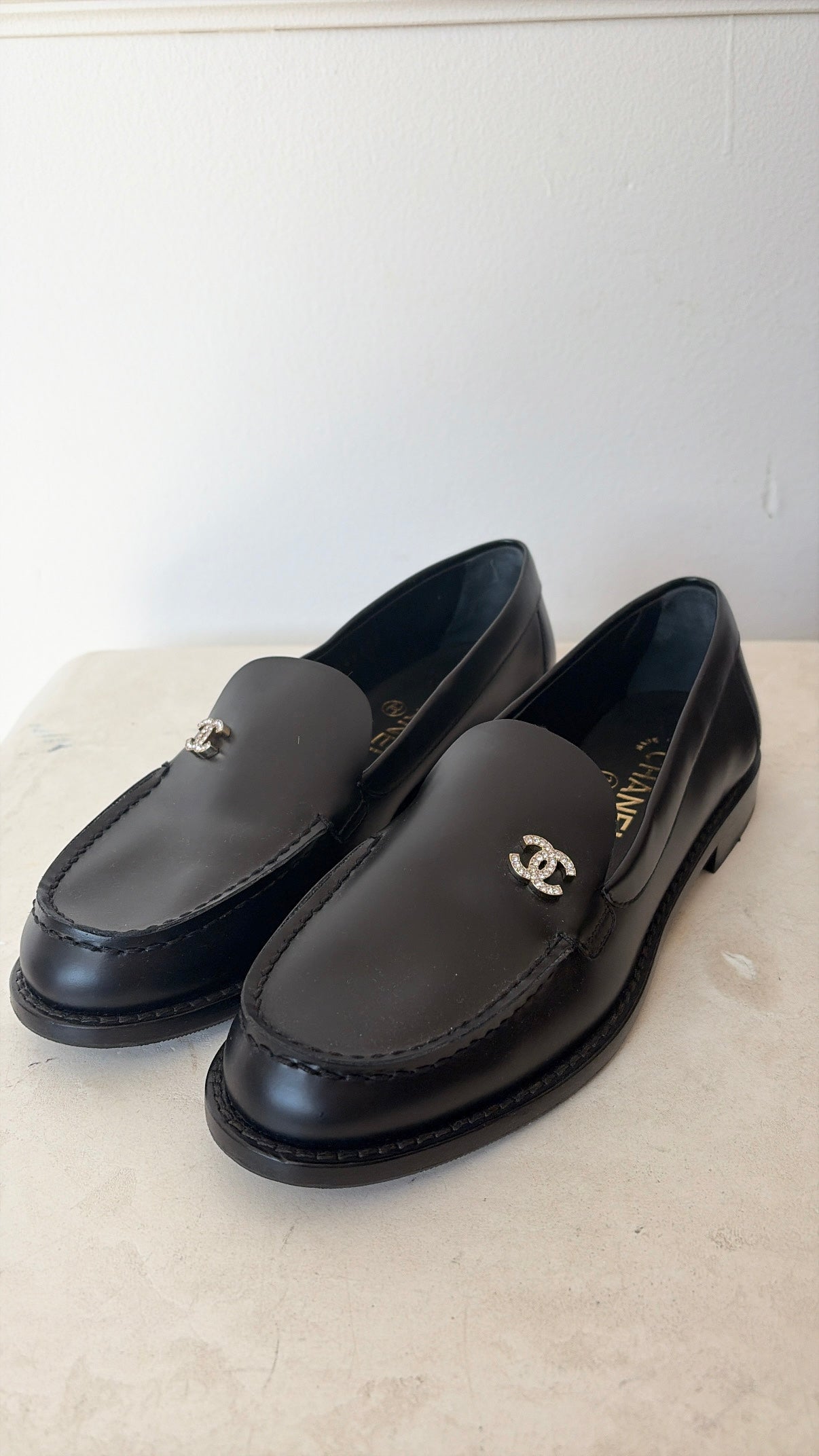 Chanel Black Leather Crystal Logo Loafer, 36.5C