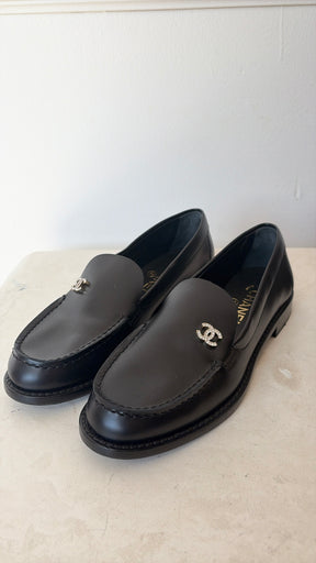 Chanel Black Leather Crystal Logo Loafer, 36.5C