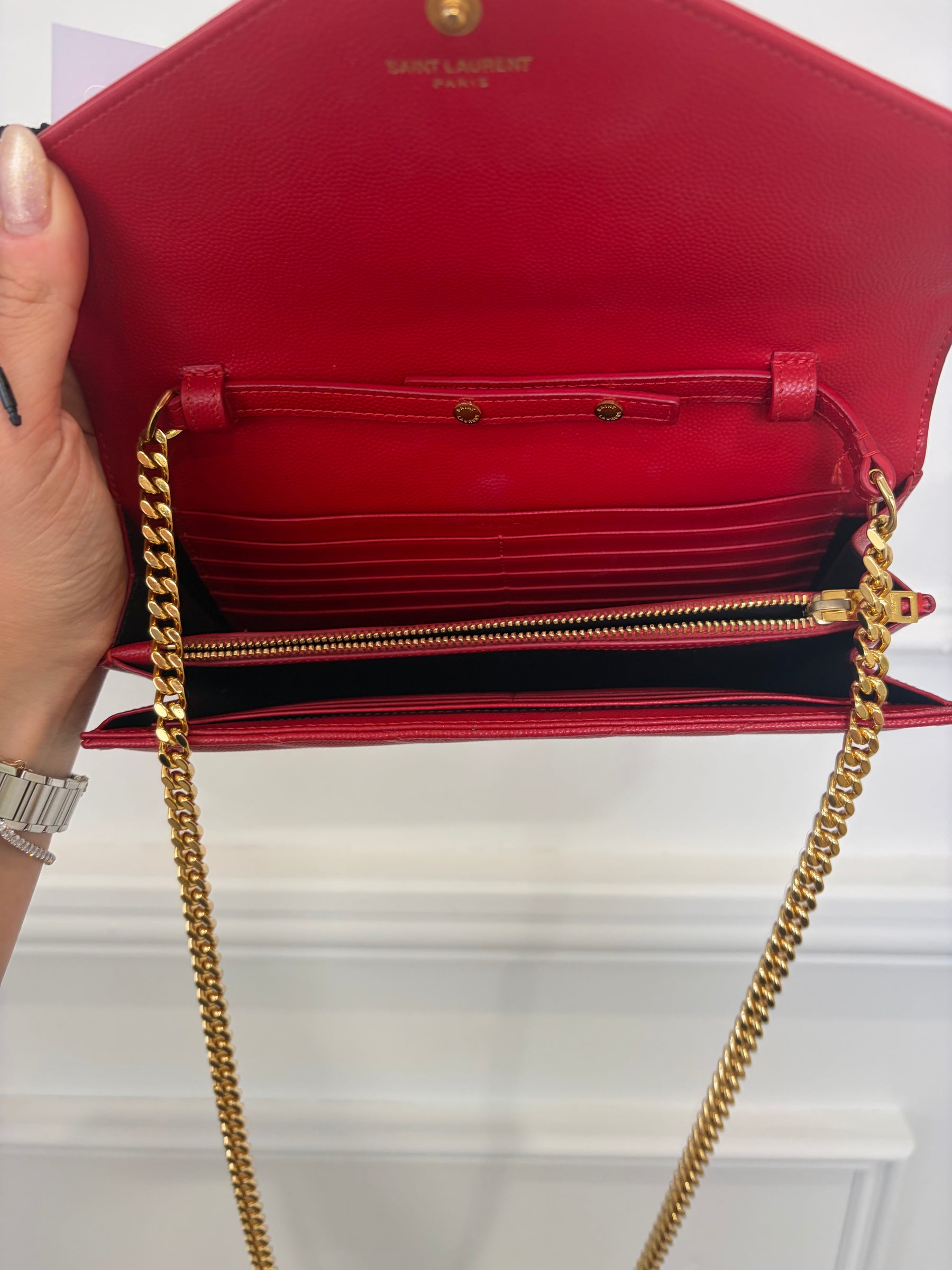 Saint Laurent Red Grained Chevron Leather Cassandre Chain Wallet