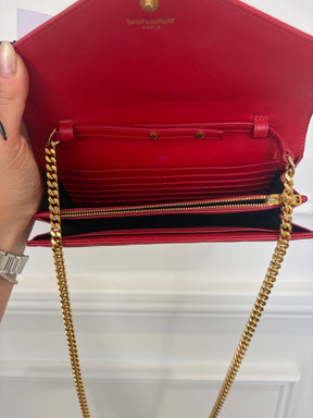 Saint Laurent Red Grained Chevron Leather Cassandre Chain Wallet