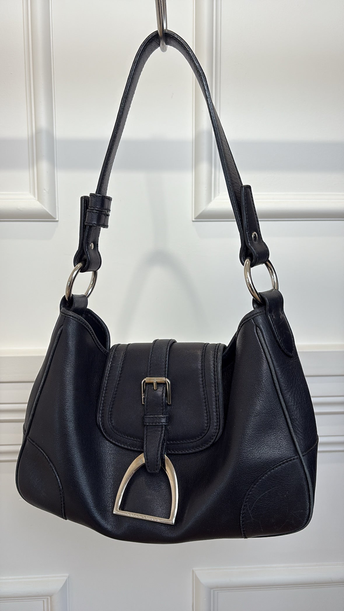 Ralph Lauren Vintage Black Leather Silver Stirrup Shoulder Bag