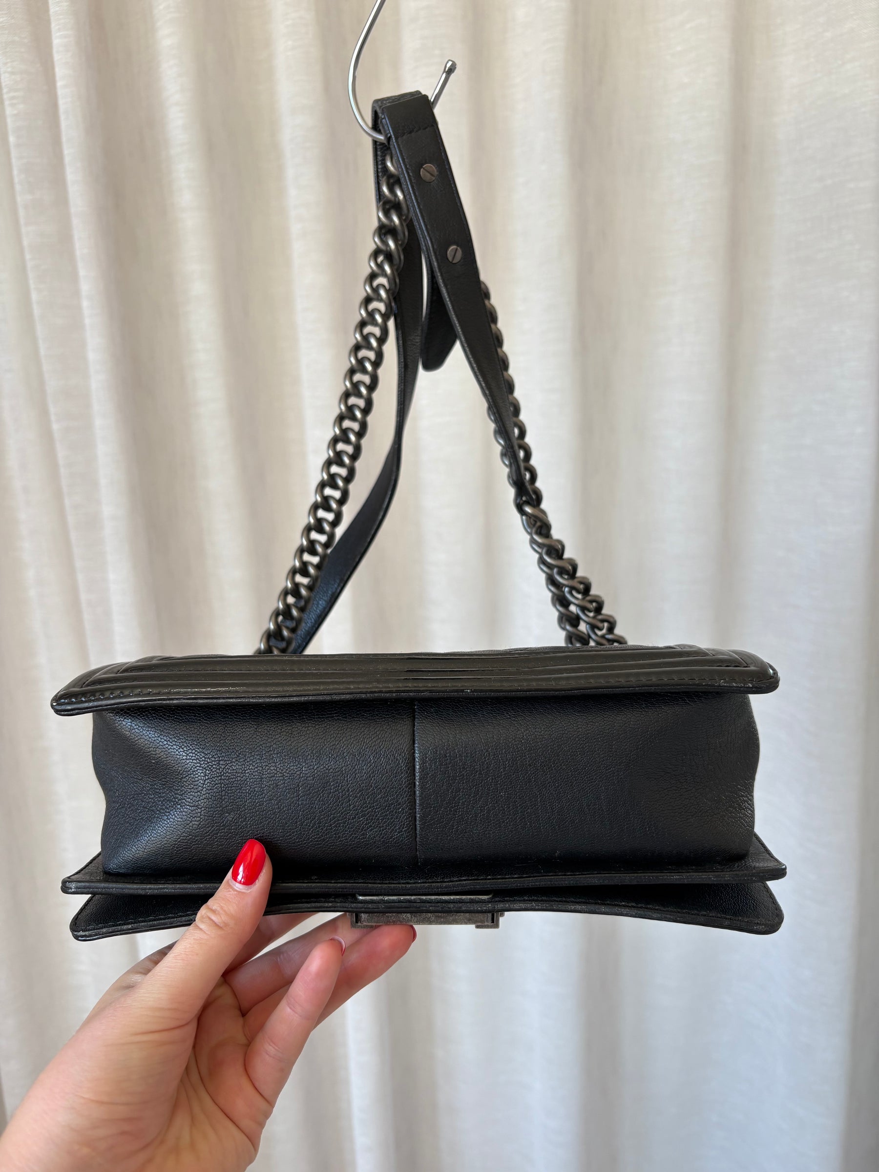 Chanel Black Patent Trim Grained Leather Medium Boy Bag