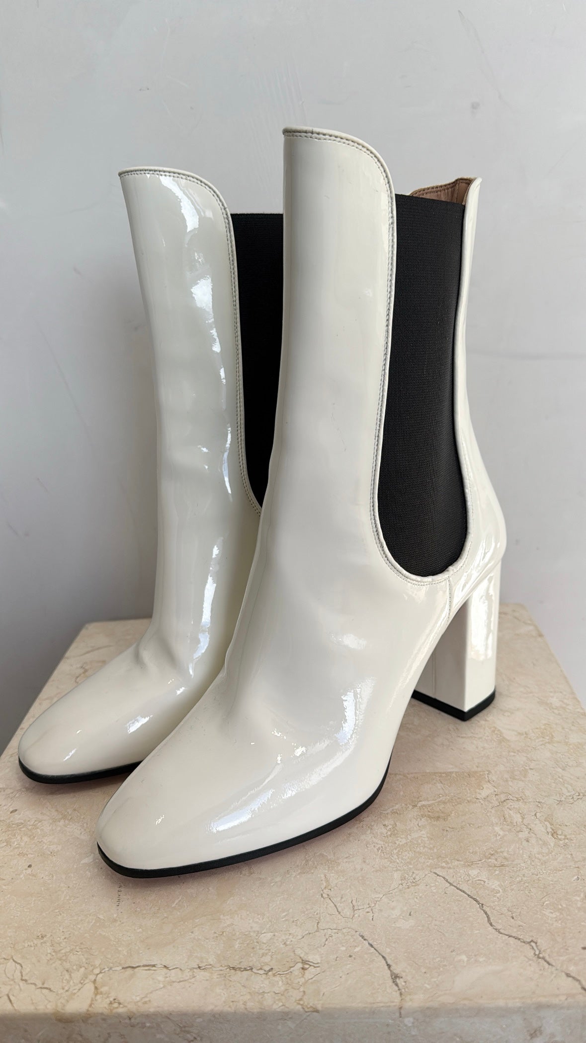 Aquazzura White Patent Block Heel Chelsea, 37