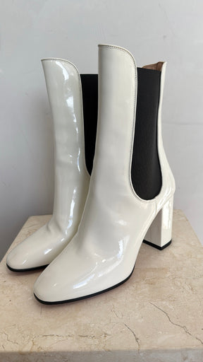 Aquazzura White Patent Block Heel Chelsea, 37