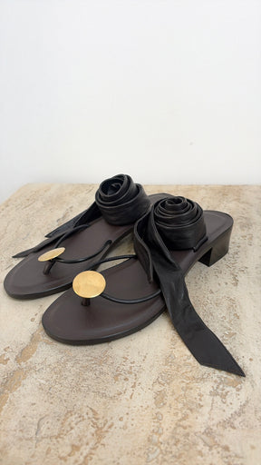 The Row Black Lace Up Gold Toe Heeled Sandal, 37.5
