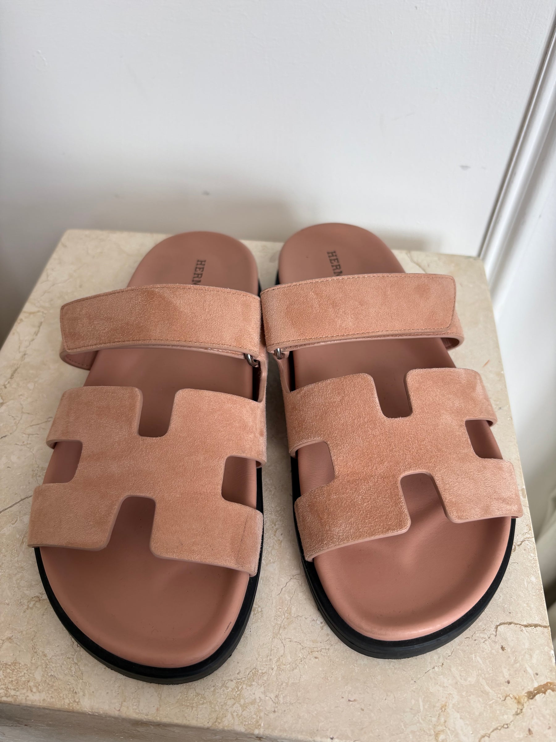 Hermès Pale Pink Suede Chypre Slides, 38.5