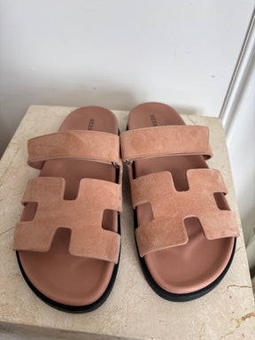 Hermès Pale Pink Suede Chypre Slides, 38.5