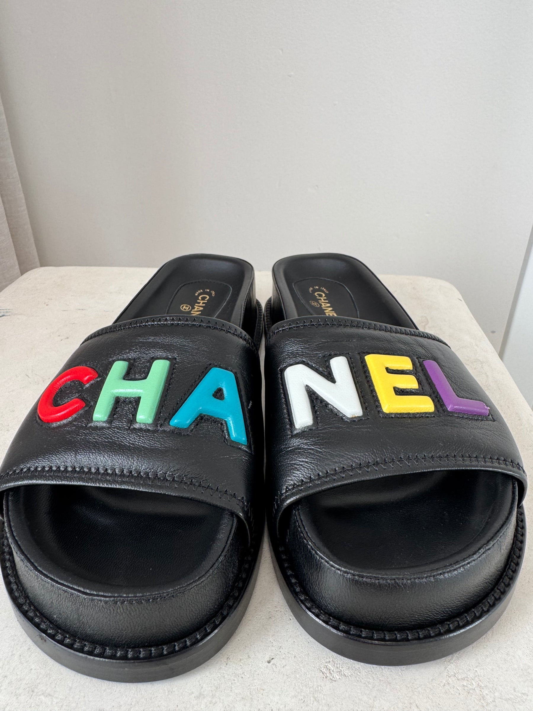 Chanel Black Leather Multi Logo Slides, 36.5C