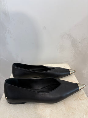 Anine Bing Black Leather Silver Pointed Flats, 37