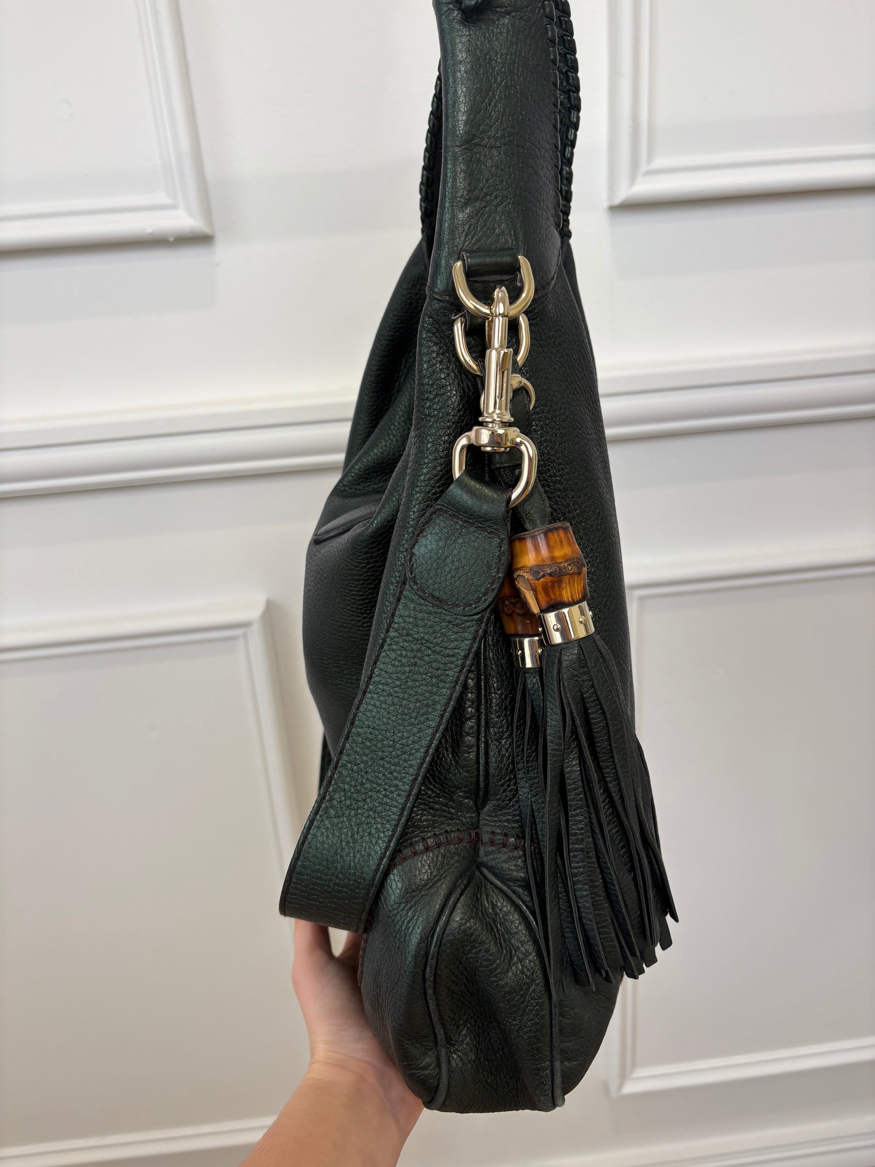 Gucci Emerald Green Metallic Leather Indy Jackie Hobo Bag