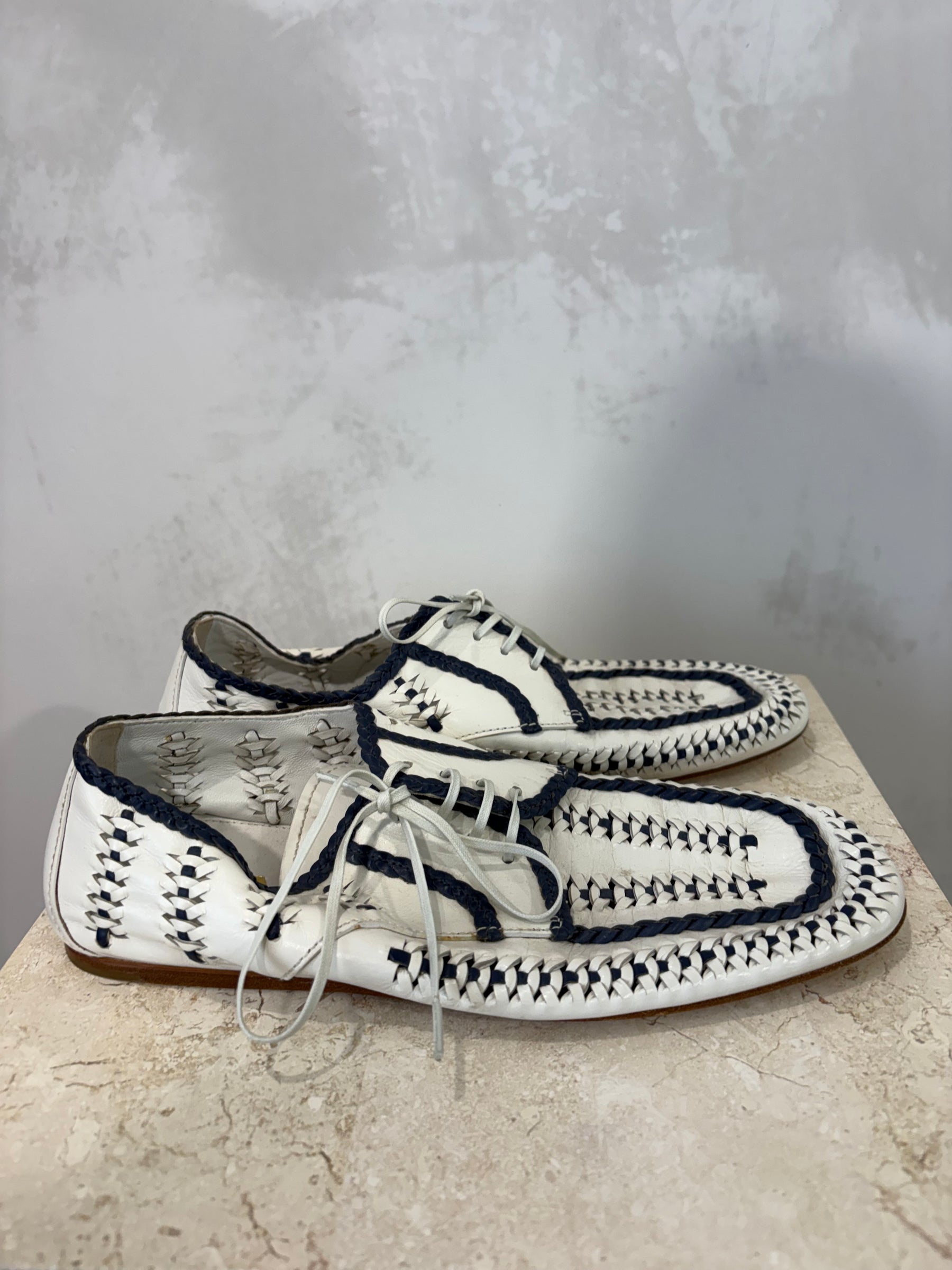 Prada Leather Lace Ups White and Navy, 40