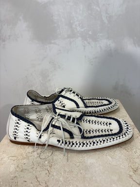 Prada Leather Lace Ups White and Navy, 40