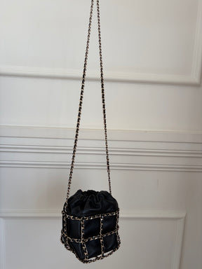 Chanel Chain Drawstring Bucket Bag Black Gold Tone Hardware