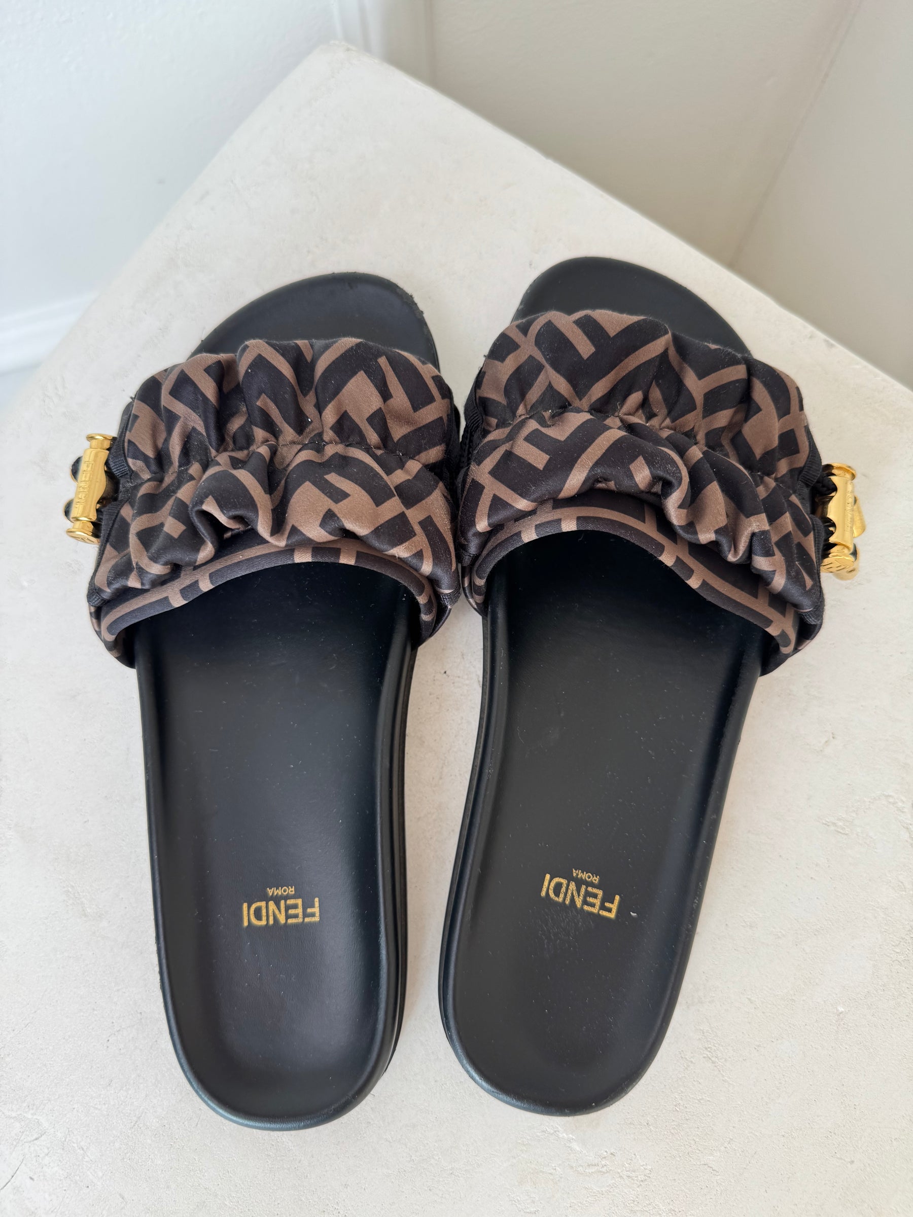 Fendi Feel Brown Satin Slides, 37