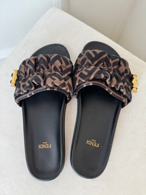Fendi Feel Brown Satin Slides, 37