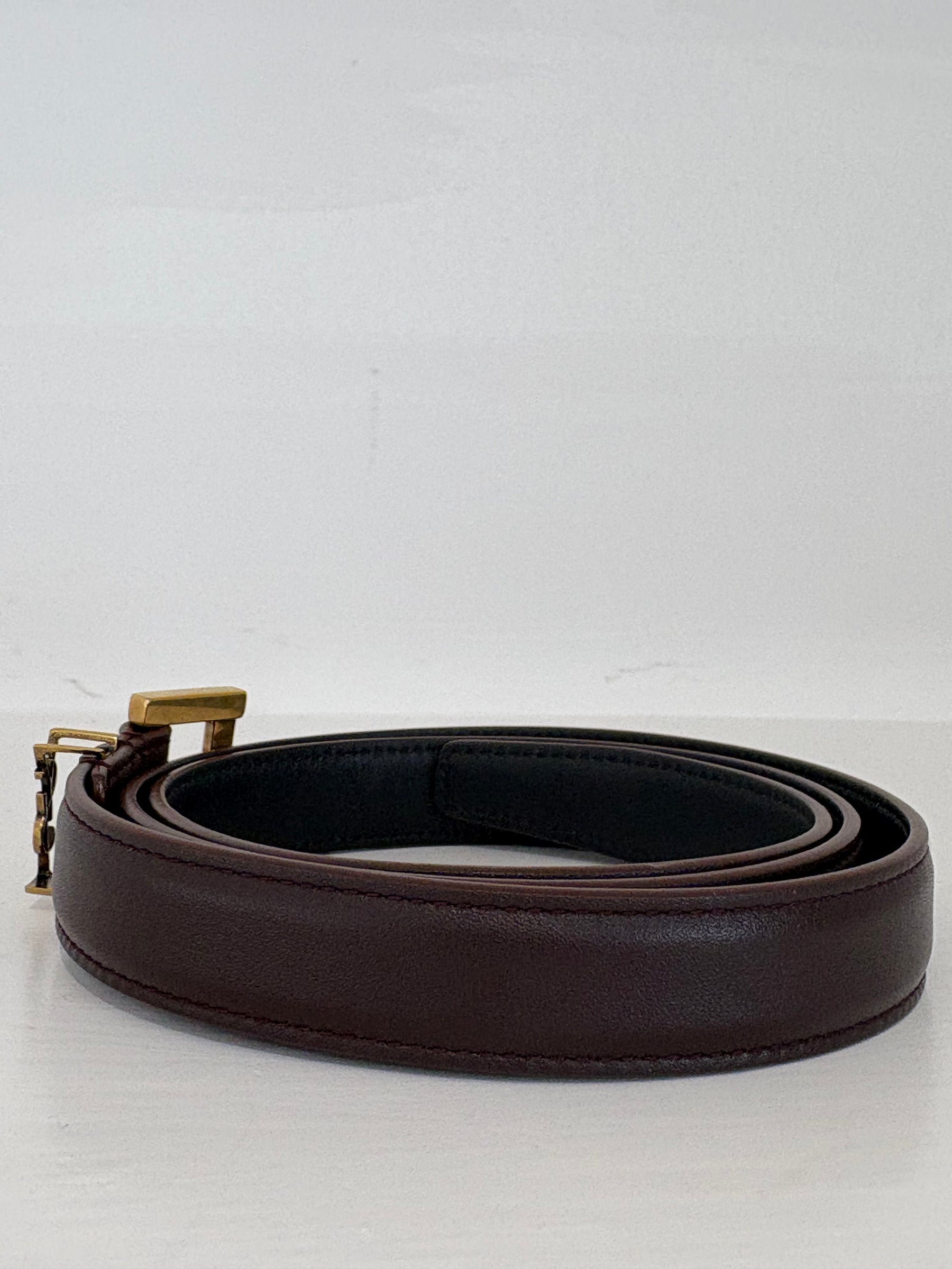 Saint Laurent Burgundy Leather Thin Logo Belt, 80