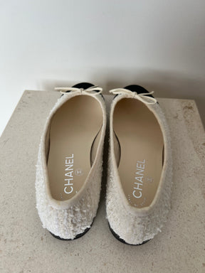 Chanel Cream Tweed Logo Ballet Flats, 37C