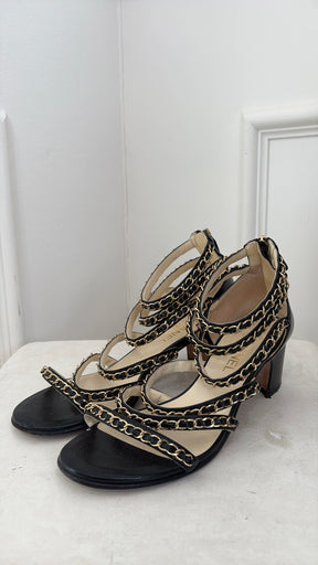 Chanel Block Heel Gold Chain Sandal In Black, 41