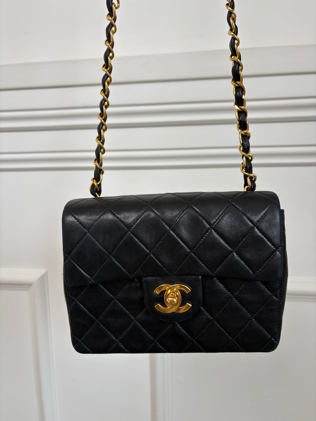Chanel Vintage Black Lambskin Mini Square Flap Bag Gold HW